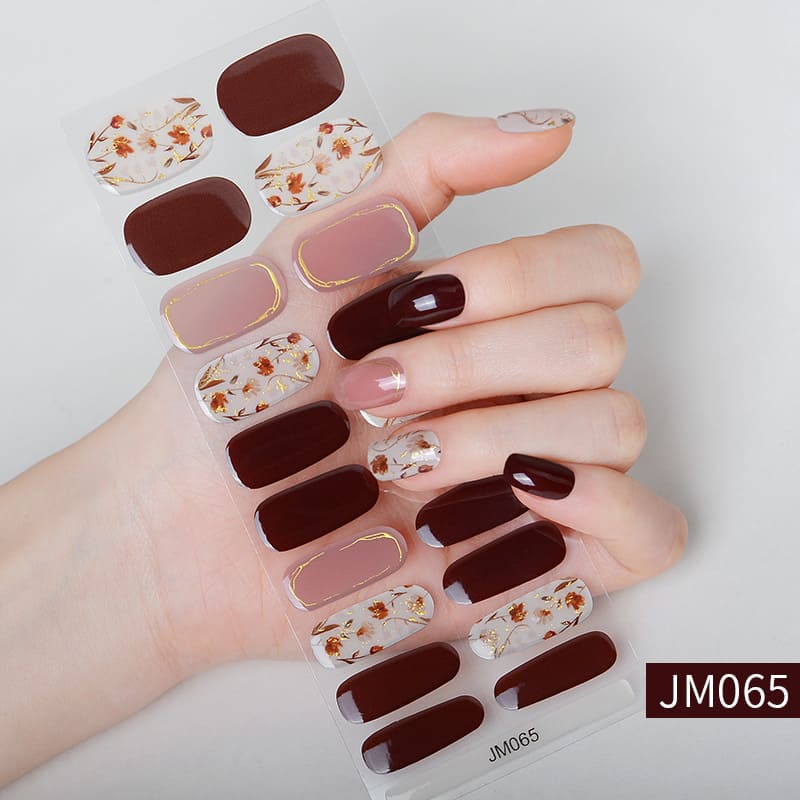 Brown Pink Flora Semi Cured Gel Nail Strips