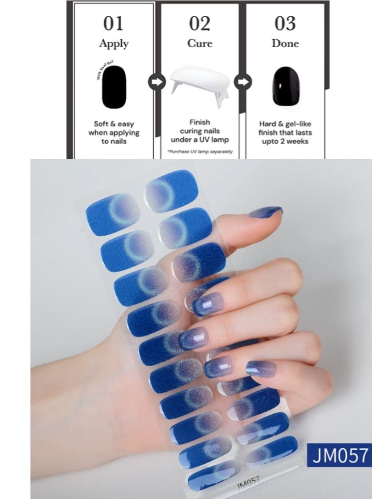 Blue Glitter Cat Eye Nail Semi Cured Gel Nail Strips