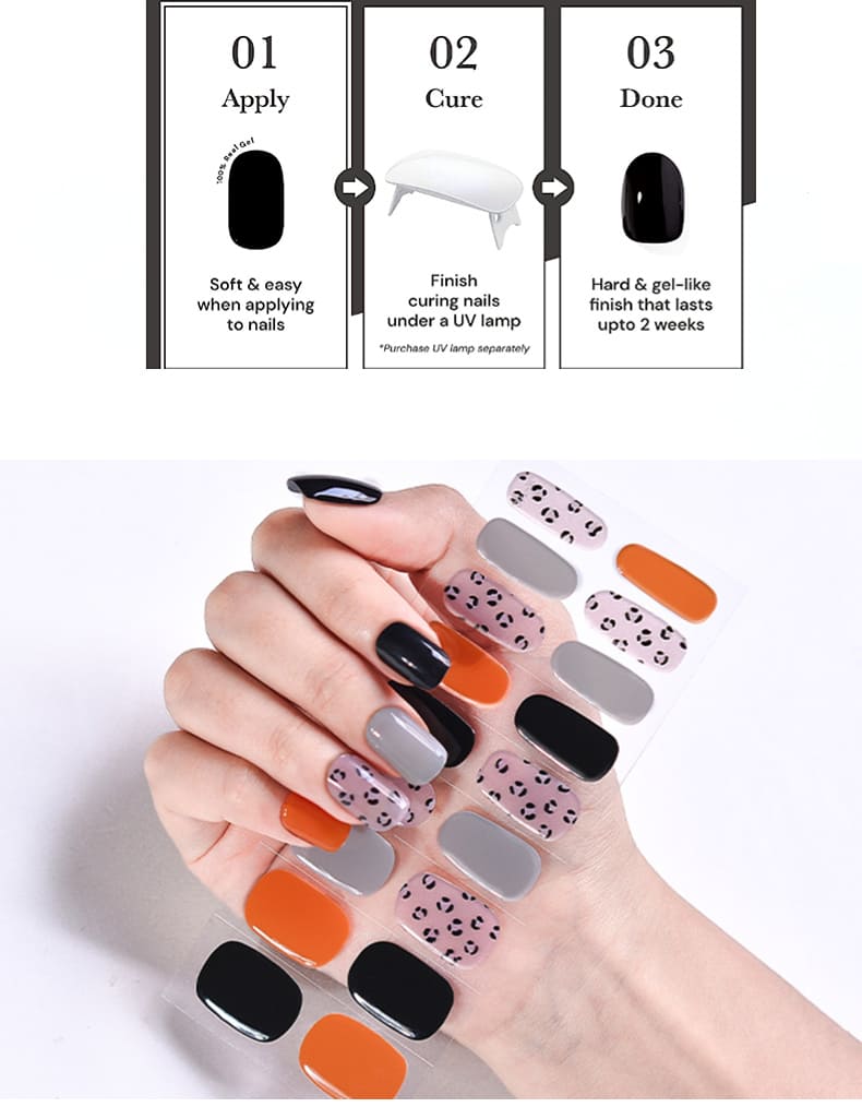 Cexynail Semi Cured Gel Nail Polish Strips Black Orange