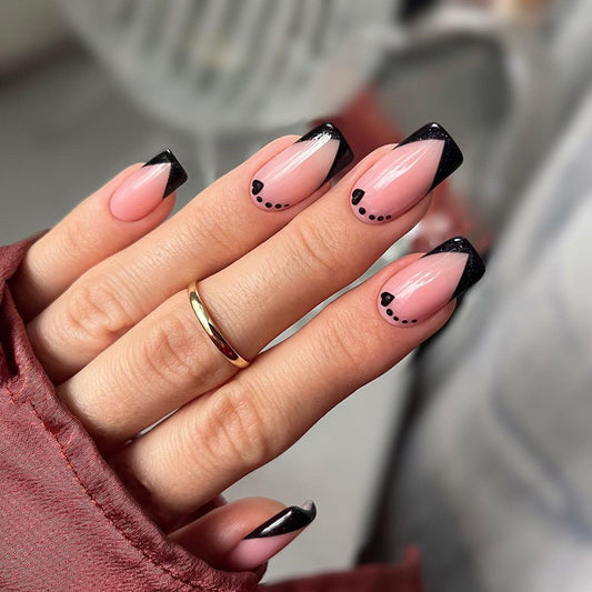 24 Pcs French Tip Press on Nails with Pink Black Color