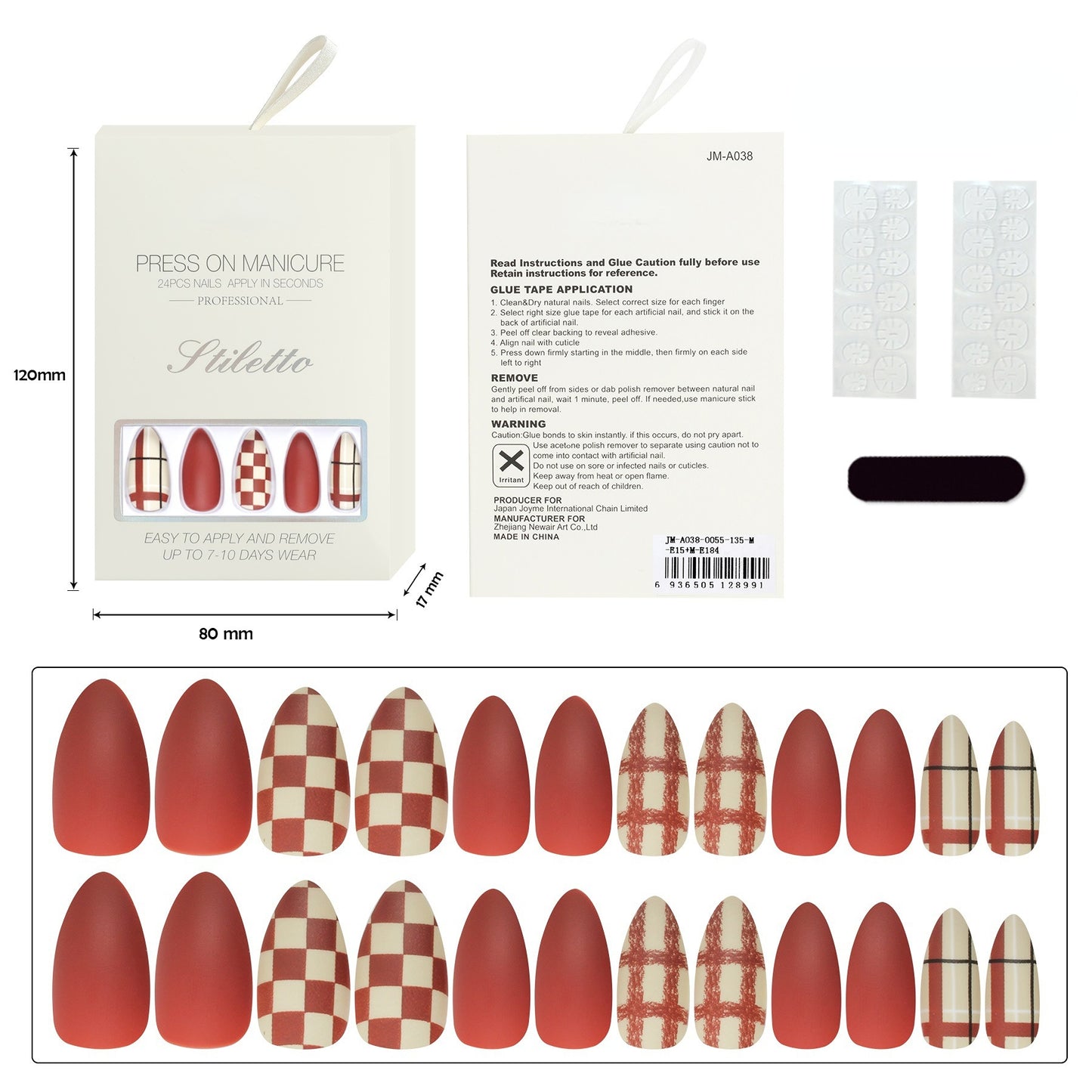 24 Pcs Short Nails Matte Press on Nails Almond Shape Grid Style Design Nails for Women