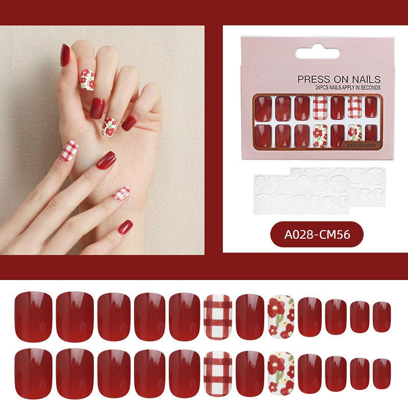 24 Pcs Short Nails with Color Red Press on Nails Spring Daisy Design Nails for Women